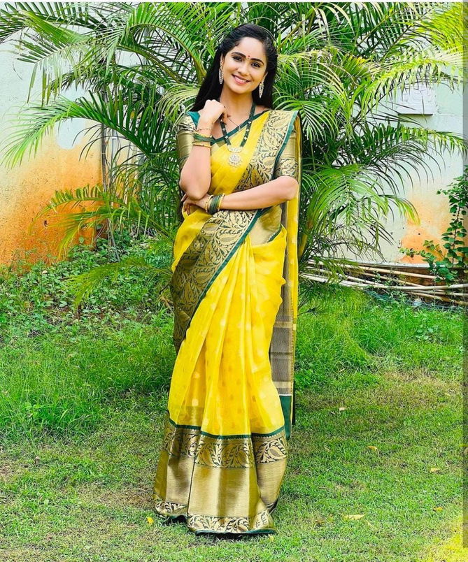 Yellow Green By DDF Lichi SIlk Designer Sarees Catalog